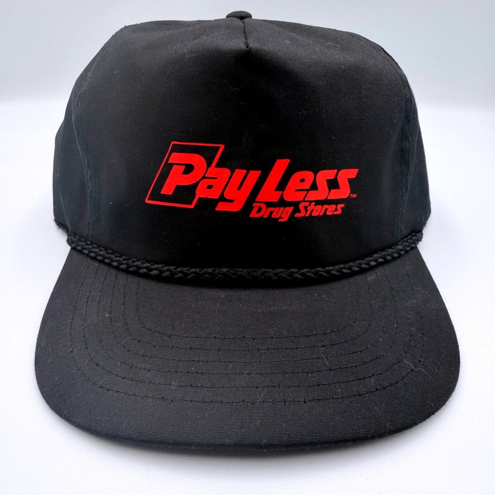 Vintage PayLess Drug Stores Hat Black Red Logo KC Rope Cap Adjustable Strapback